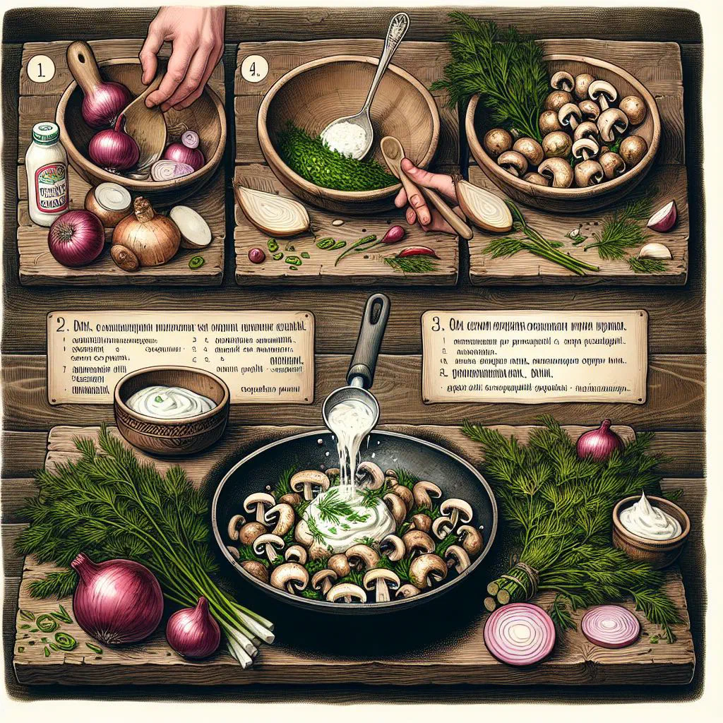 Pan-fried seasoned mushrooms garnished with fresh herbs and a spoonful of sour cream
