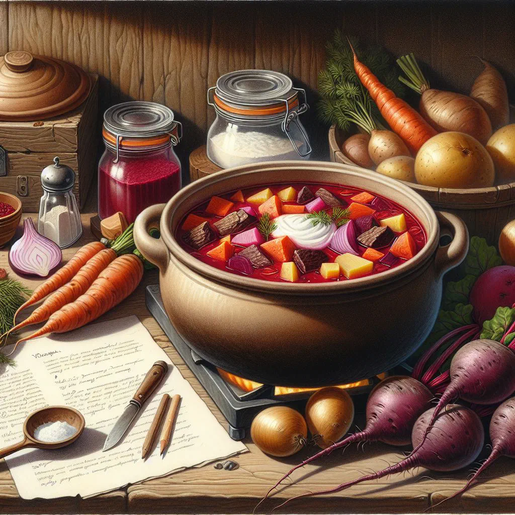 A bowl of deep-red Hutsul borscht garnished with fresh dill and sour cream
