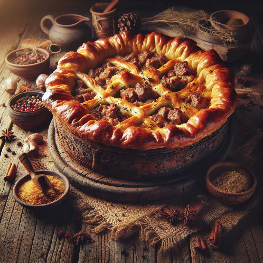 Rustic Hutsulske Pechenya with tender meat and potatoes garnished with fresh herbs