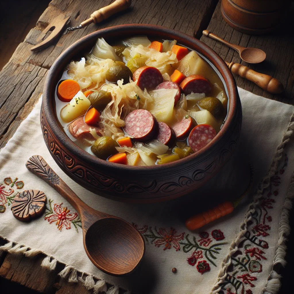 A rustic bowl of Ukrainian kapusniak sauerkraut soup garnished with fresh dill