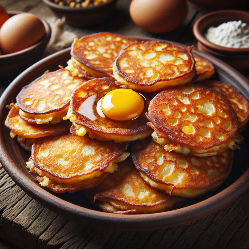 Golden crispy Ukrainian potato pancakes served with a spoonful of sour cream