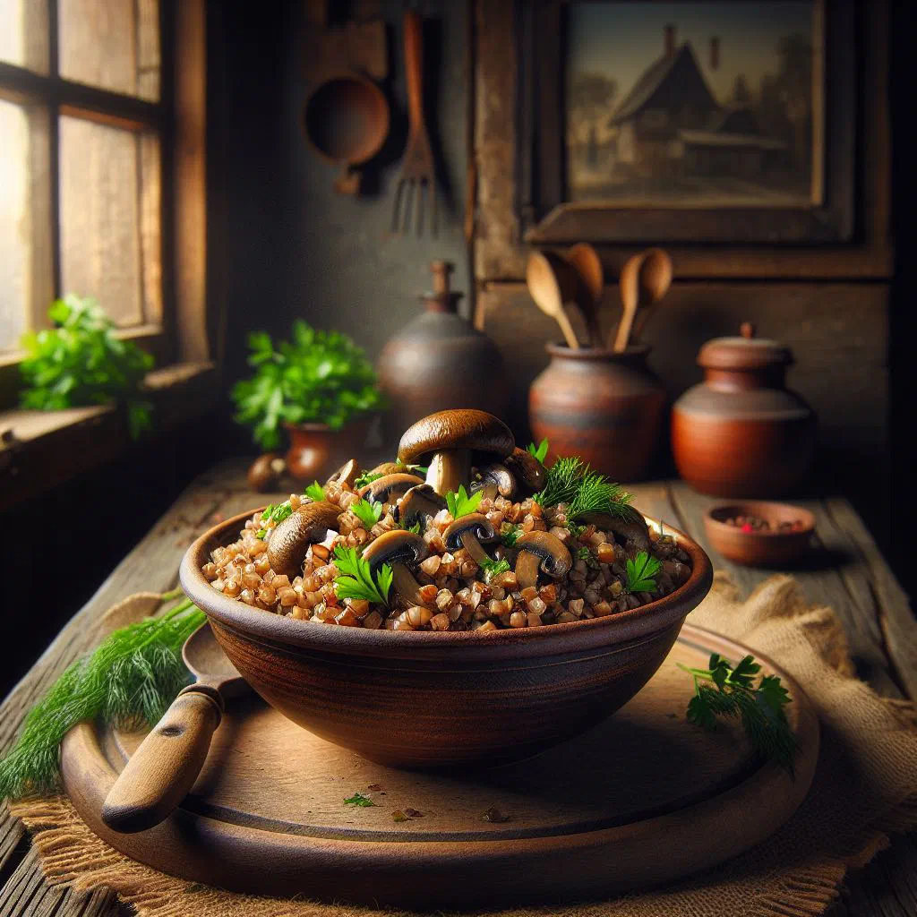 Bowl of buckwheat kasha with sautéed mushrooms and fresh parsley