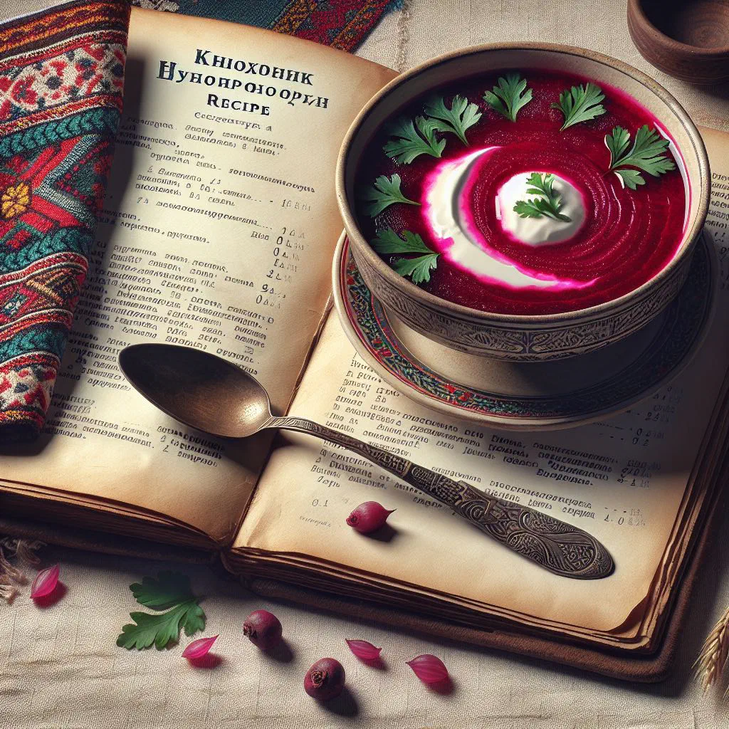 Bowl of chilled pink beetroot kholodnyk garnished with dill and radishes