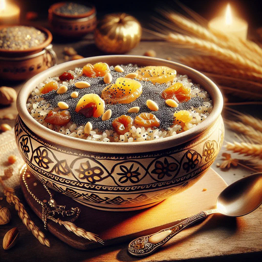 Bowl of kutia with wheat berries, honey, nuts and dried fruit