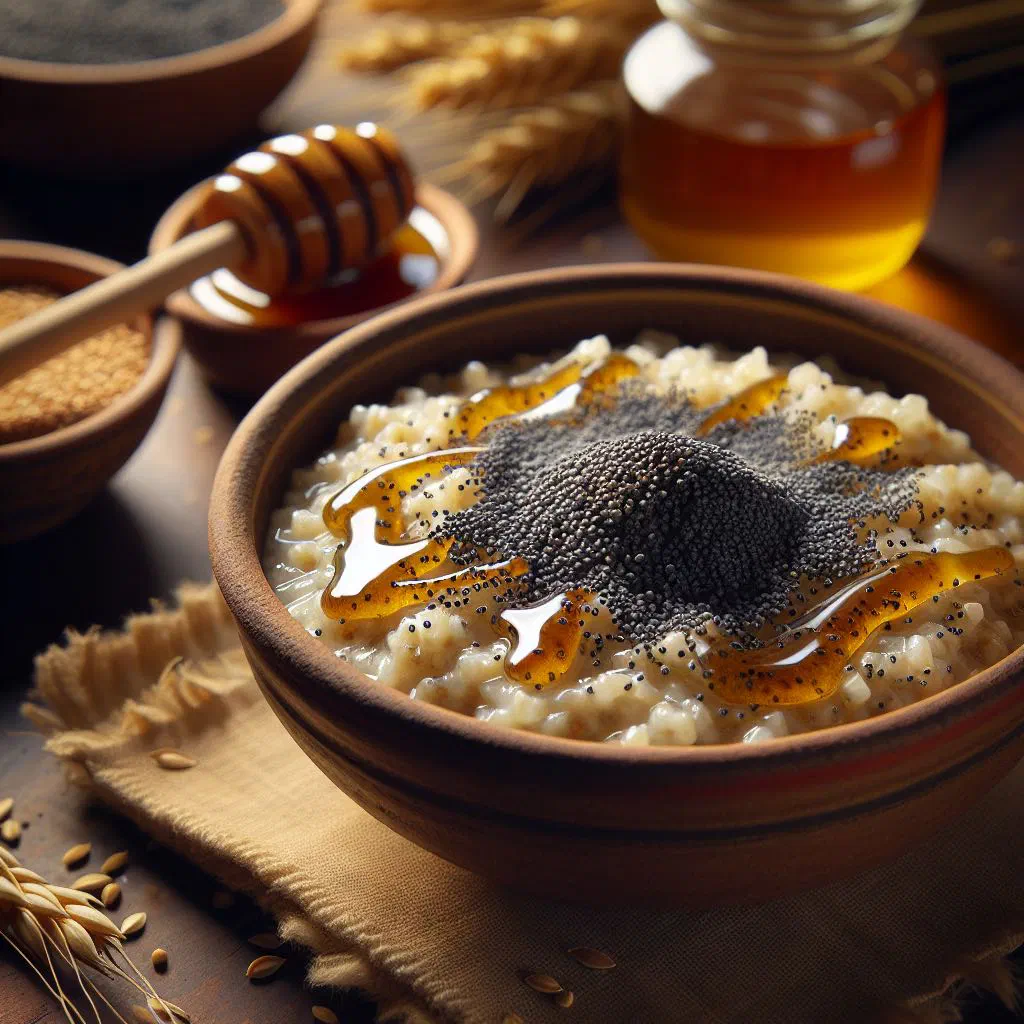 A bowl of kutia made from wheat berries, poppy seeds and honey