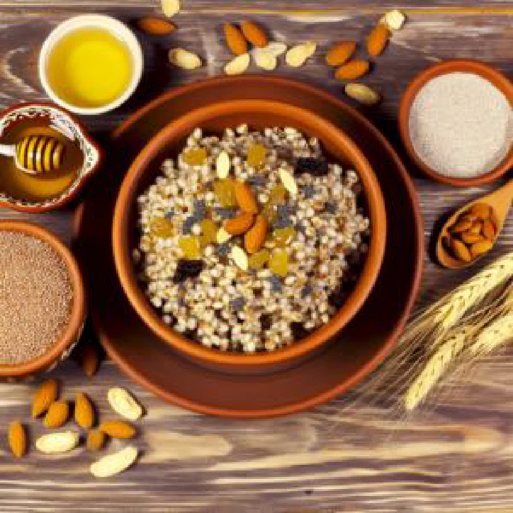 A bowl of kutya with wheat berries, poppy seeds, honey and dried fruit