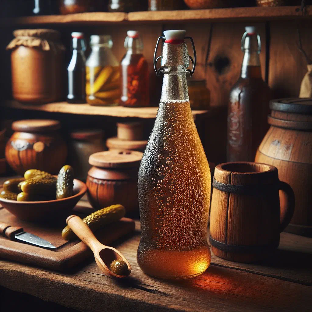 Glass of homemade kvas with a rustic loaf of rye bread