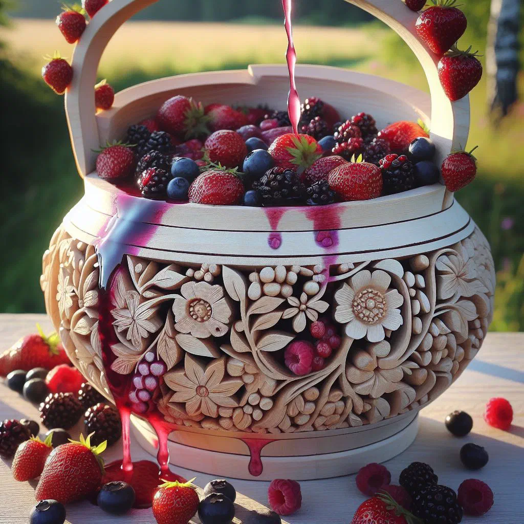 Glass of berry kvas garnished with fresh berries and mint