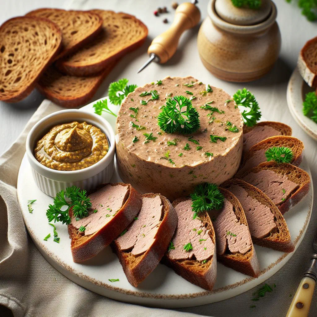 Smooth Ukrainian liver pâté served with fresh bread and gherkins