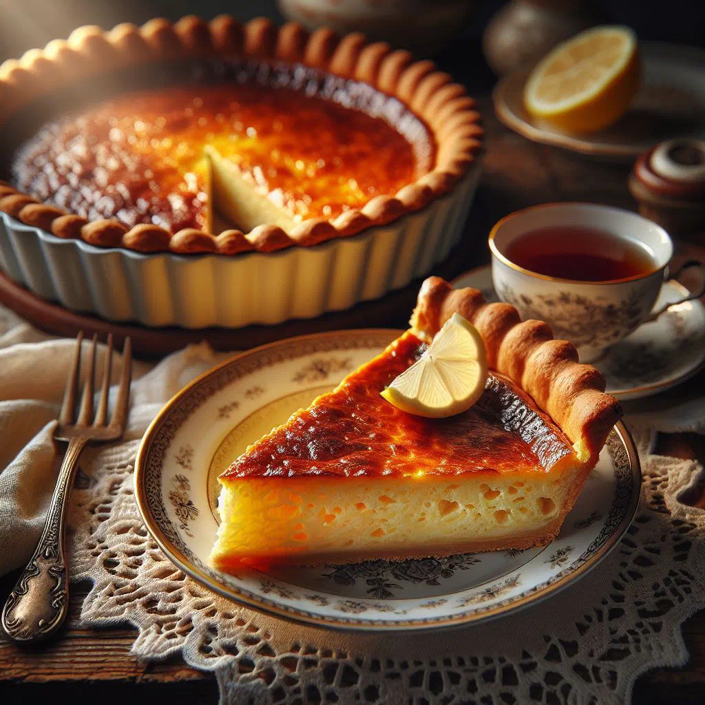 Slice of golden Lviv cheesecake dusted with icing sugar