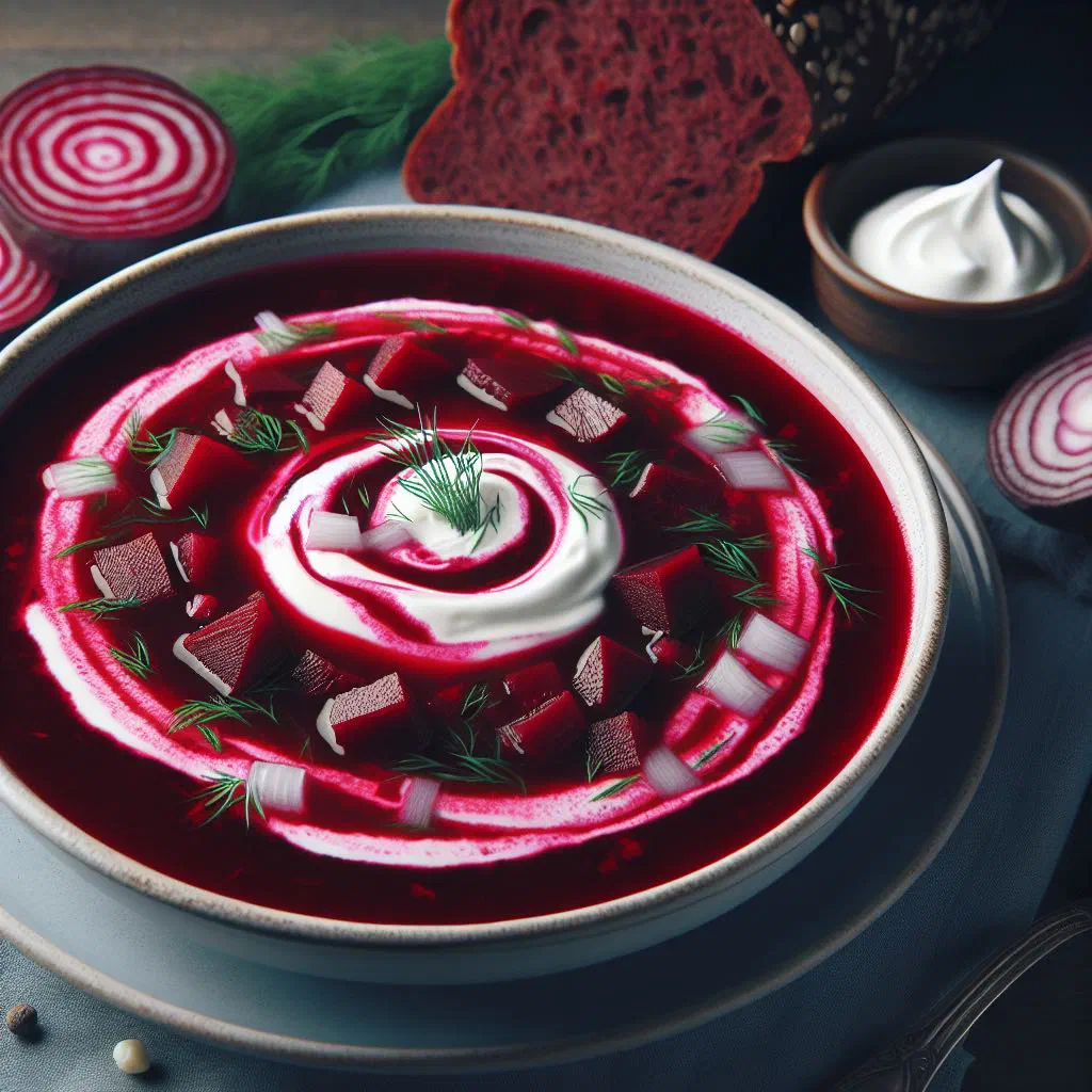 Bowl of deep red meat-free borscht garnished with fresh dill