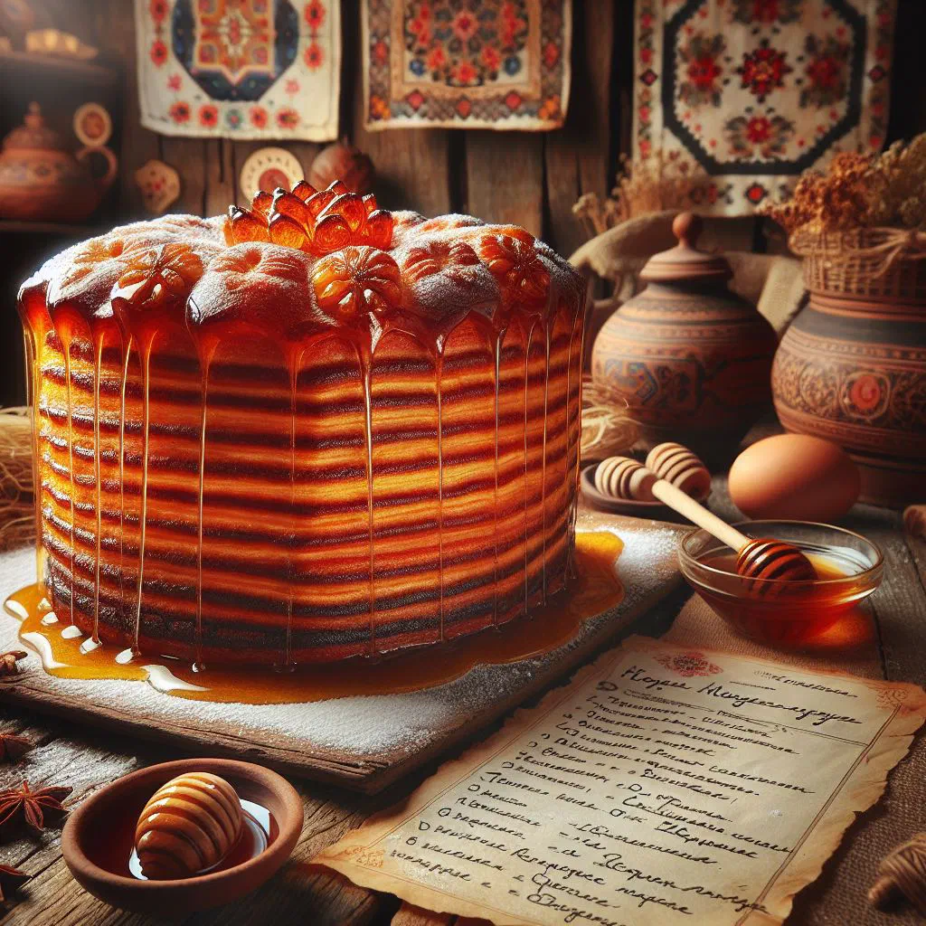 Slice of Ukrainian medivnyk honey cake dusted with icing sugar