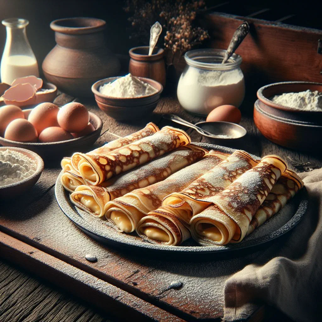 Rolled Ukrainian nalysnyky crepes filled with quark on a plate