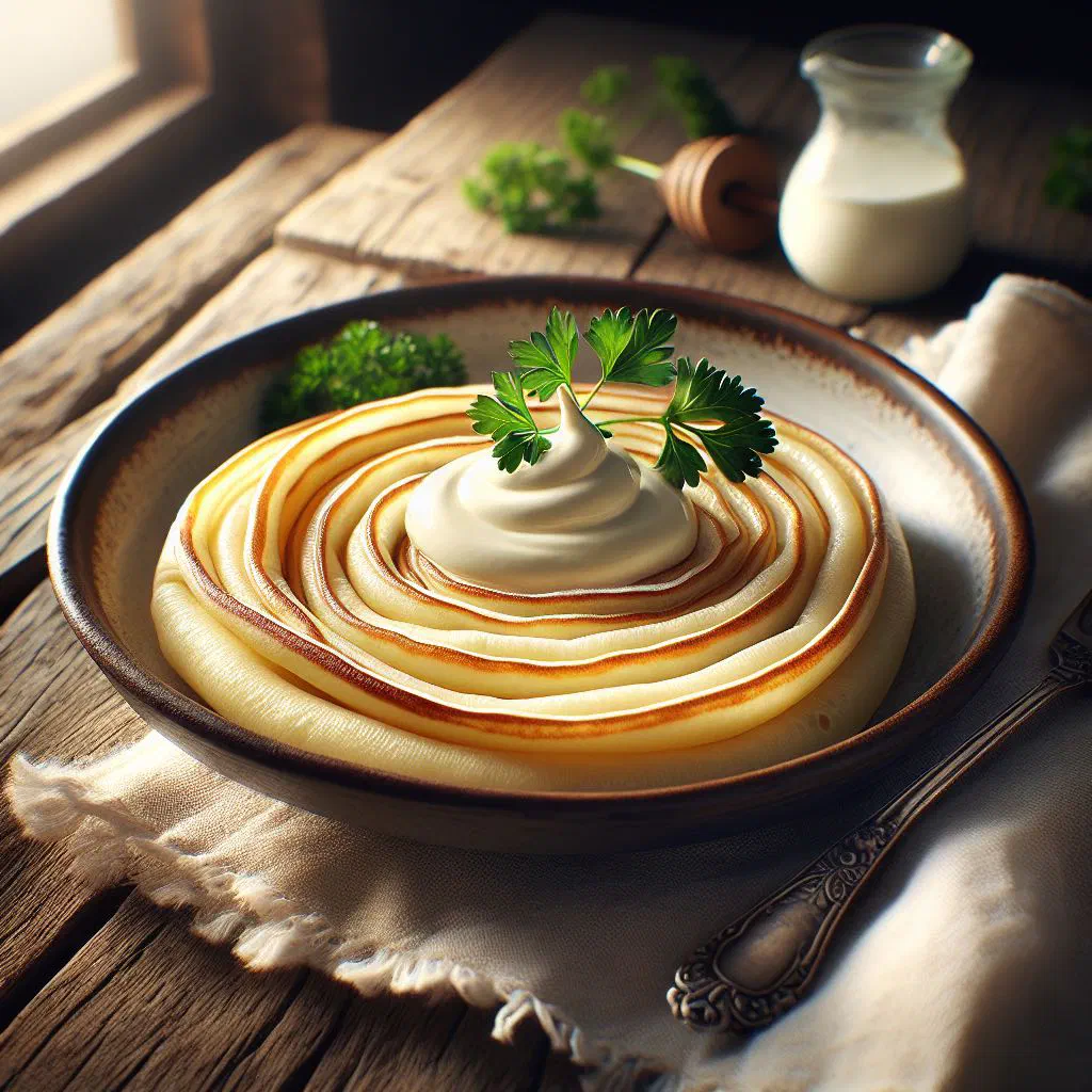 Rolled Ukrainian nalysnyky pancakes filled with quark, dusted with icing sugar