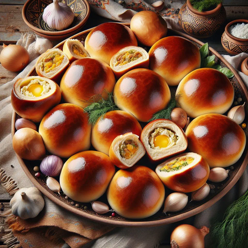 Golden Ukrainian pyrizhky filled buns arranged on a wooden board