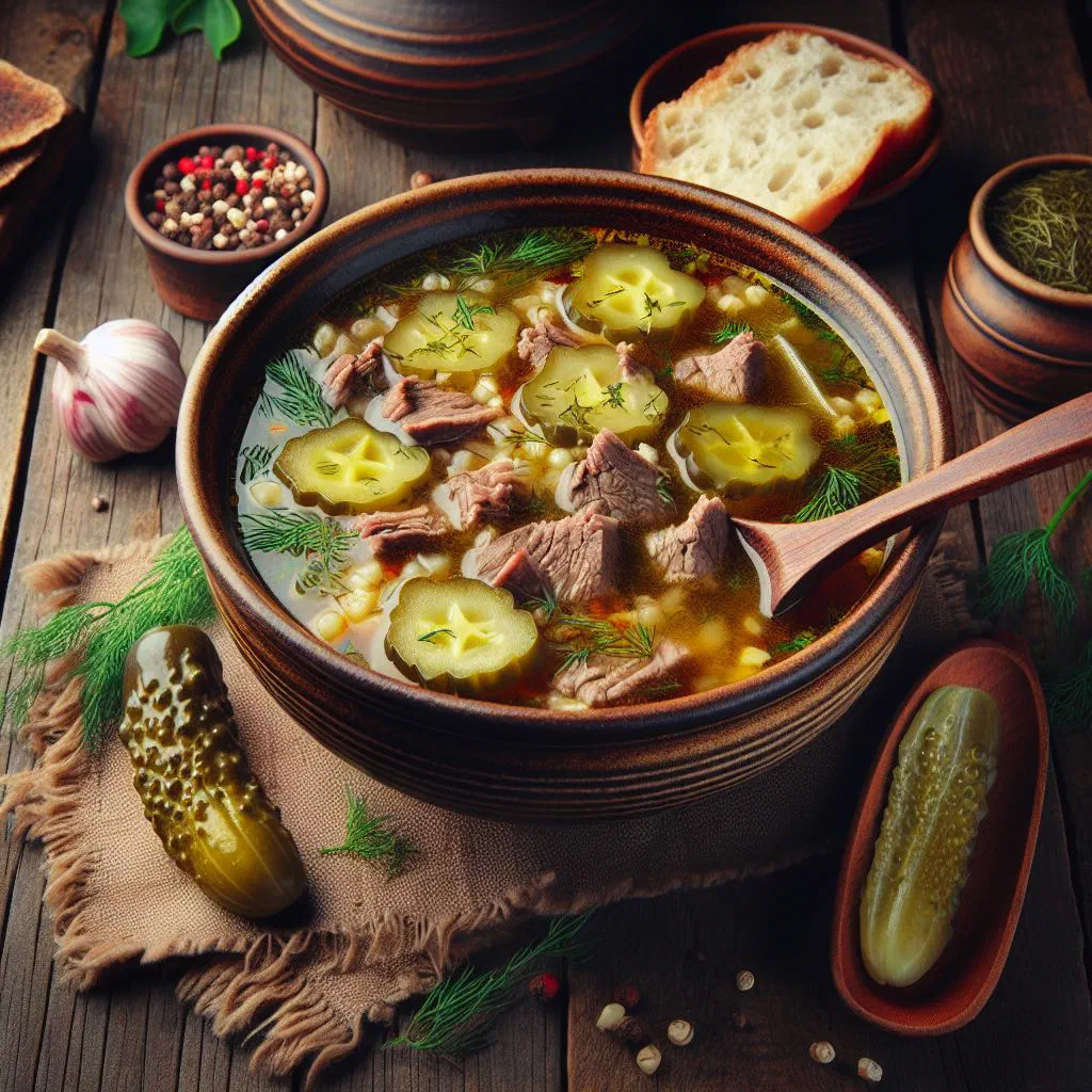 A steaming bowl of rassolnyk soup with pickled cucumbers and fresh herbs