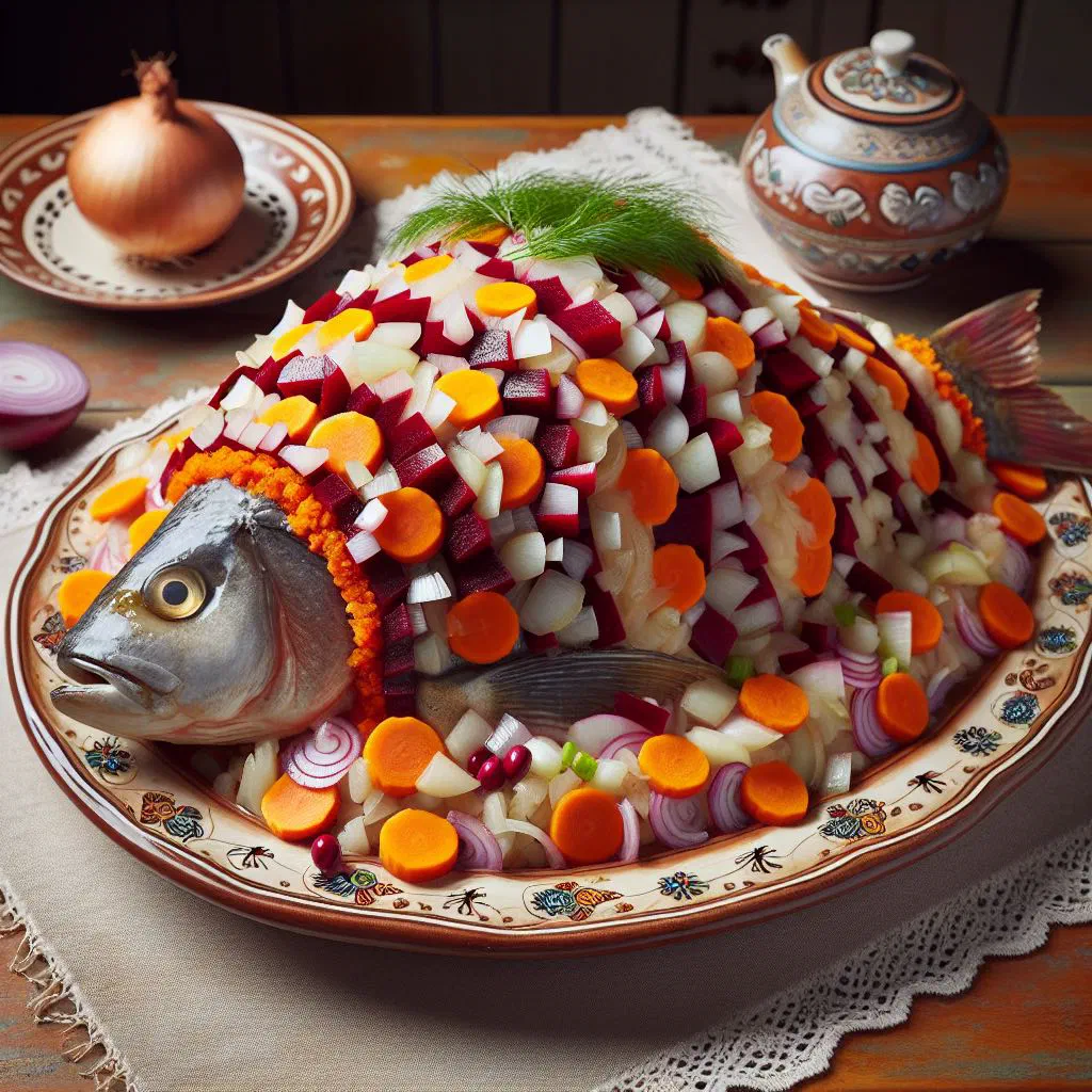 Layered Ukrainian fish dish topped with mayonnaise and grated beetroot