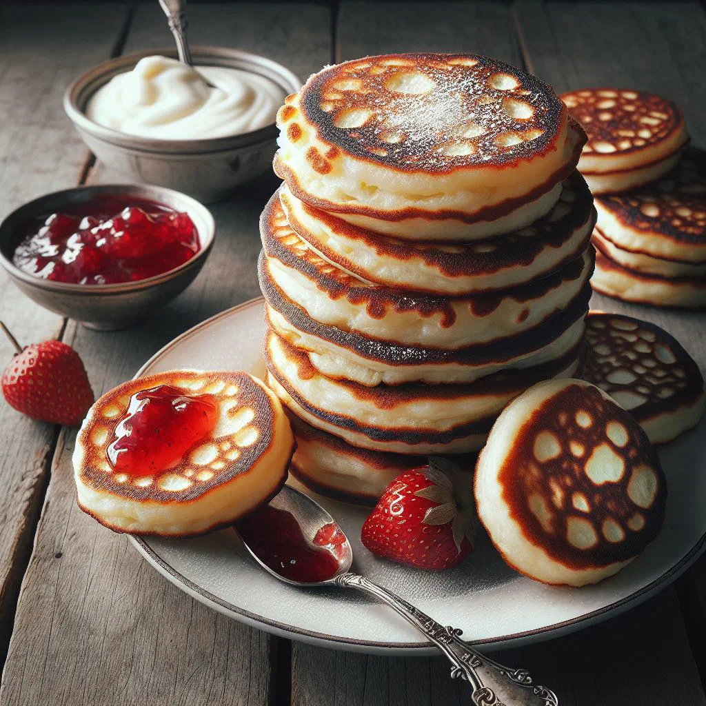 Golden syrniki quark pancakes served with sour cream and fresh berries