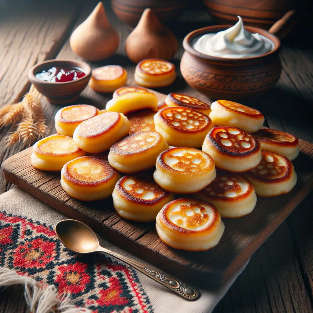 Golden syrnyky quark pancakes dusted with icing sugar and topped with fresh berries