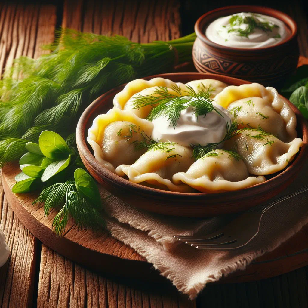 Potato-filled varenyky dumplings pan-fried in butter with fresh herbs