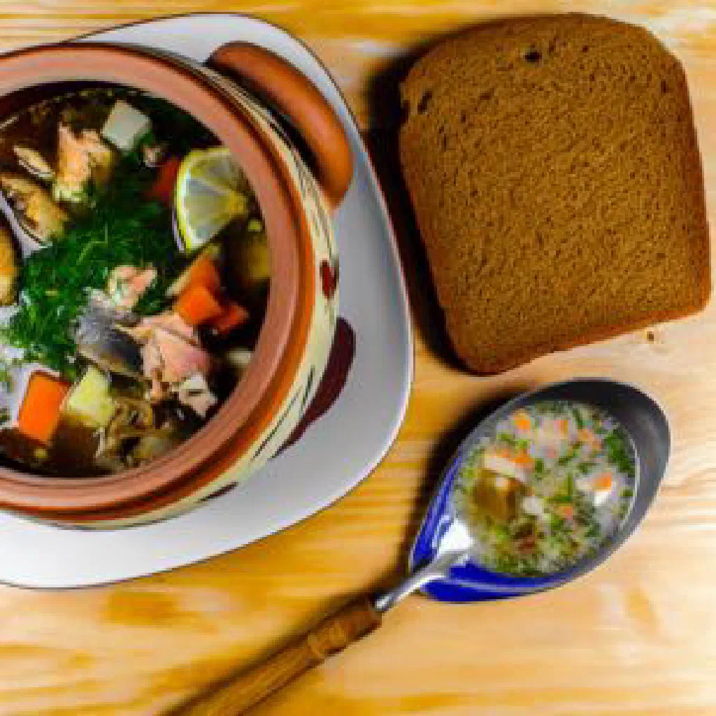 A bowl of Ukrainian yushka fish soup garnished with fresh dill