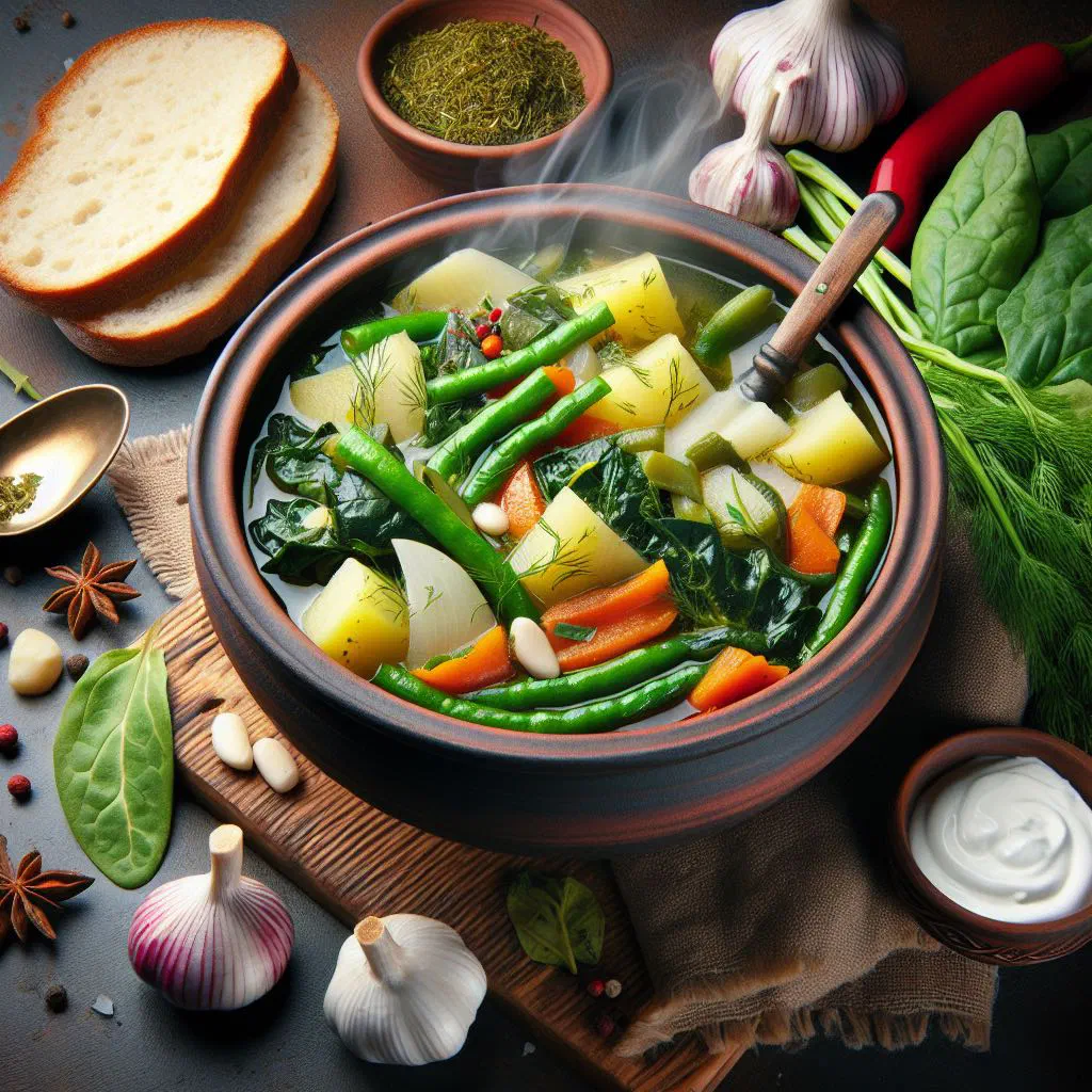 A bowl of green Ukrainian zelenyy borschtsch topped with sour cream and fresh dill