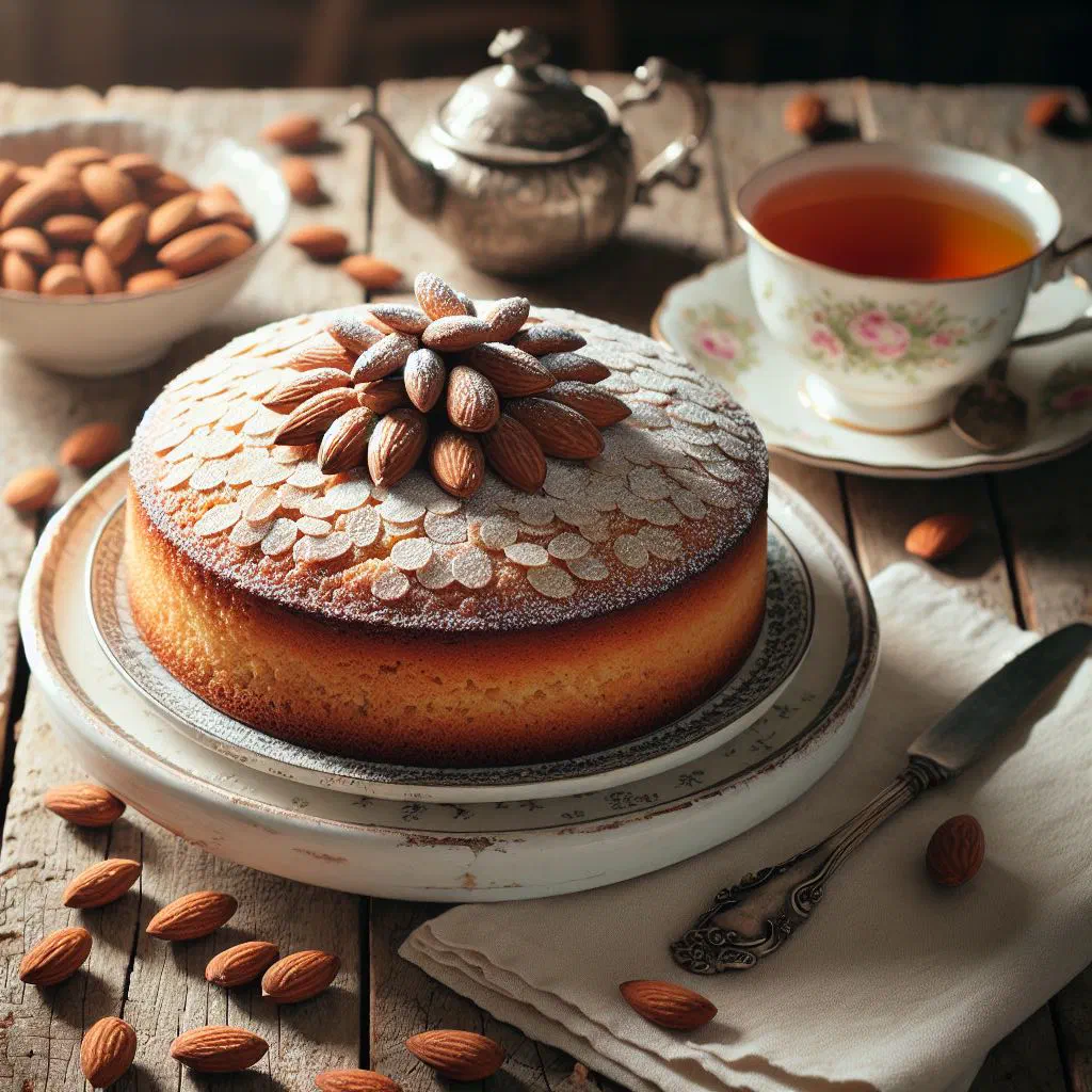 Golden Emirati almond cake dusted with sugar and topped with almonds