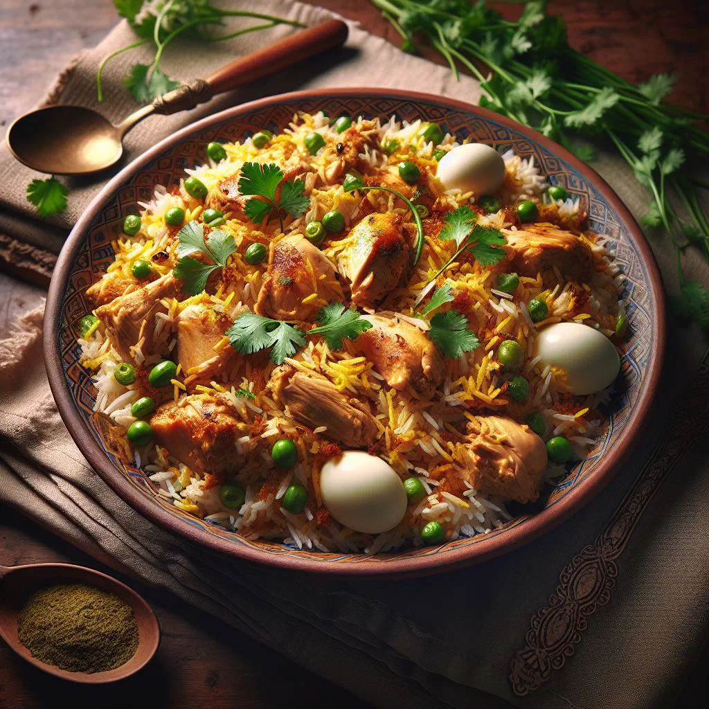 Fragrant chicken biryani with basmati rice garnished with coriander and mint