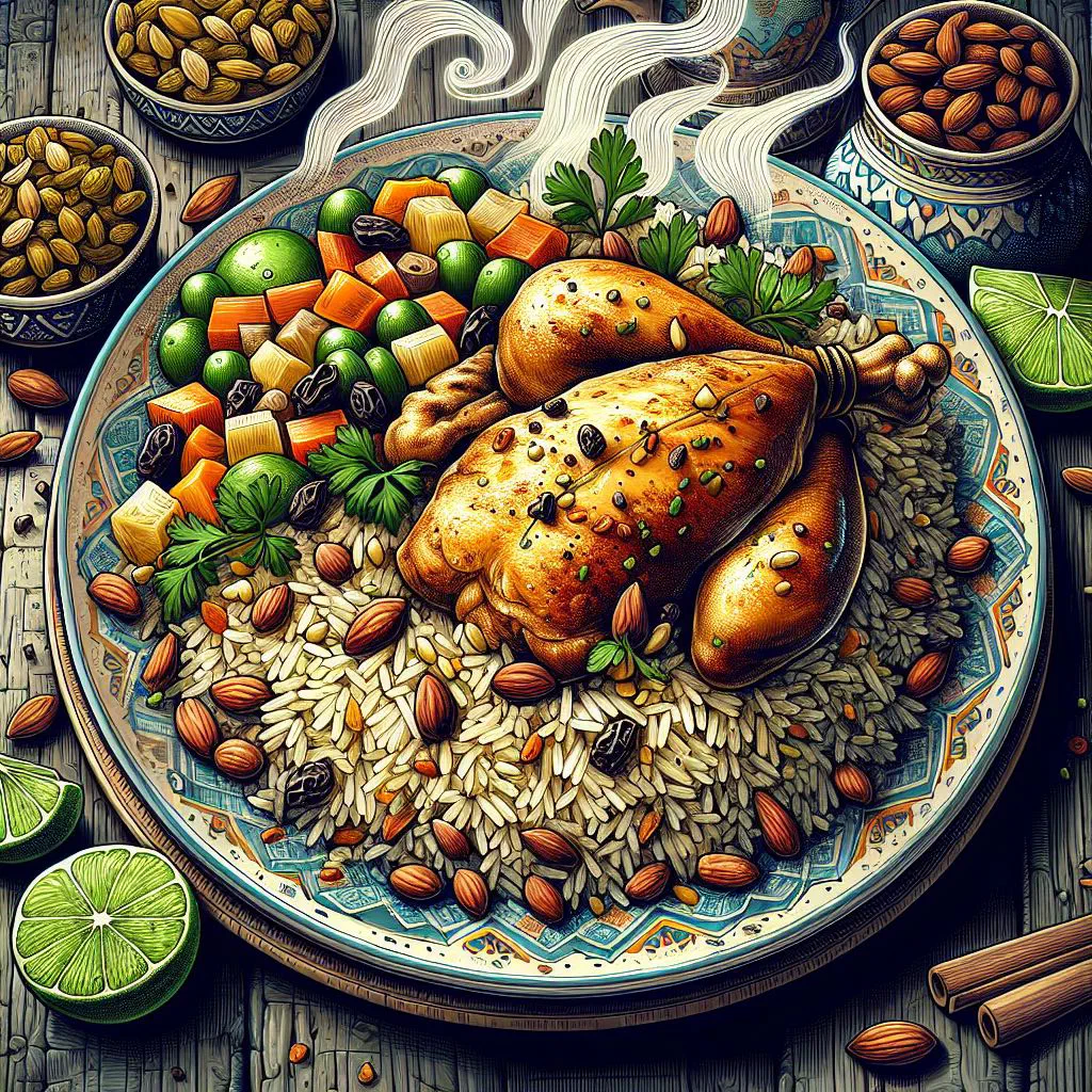 Chicken Mandi with spiced basmati rice and tender chicken garnished with coriander