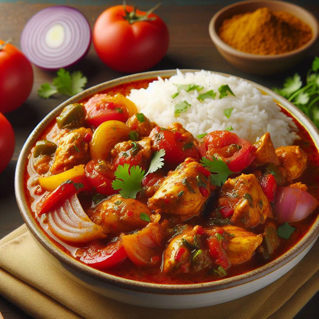Chicken salona stew with tomatoes, carrots and peppers garnished with parsley