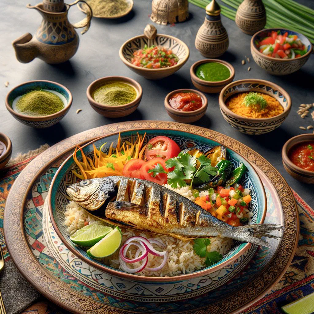 Emirati fish majboos with spiced basmati rice and fresh coriander