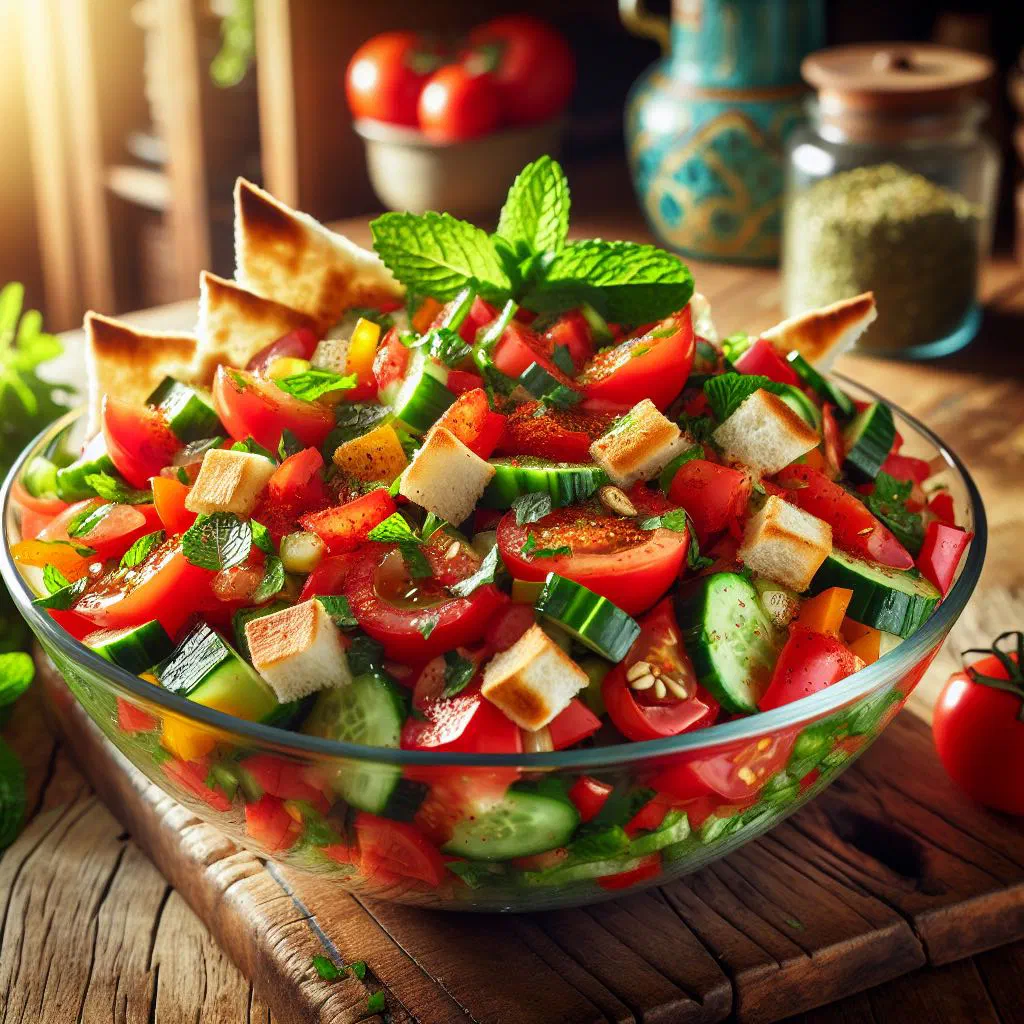 Colourful fattoush salad with crisp flatbread, tomatoes, cucumber and fresh herbs