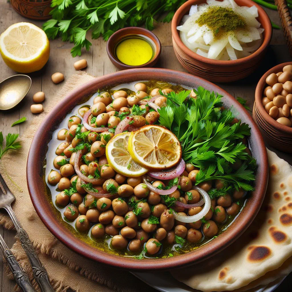 Bowl of foul medames topped with olive oil, parsley and lemon, served with flatbread