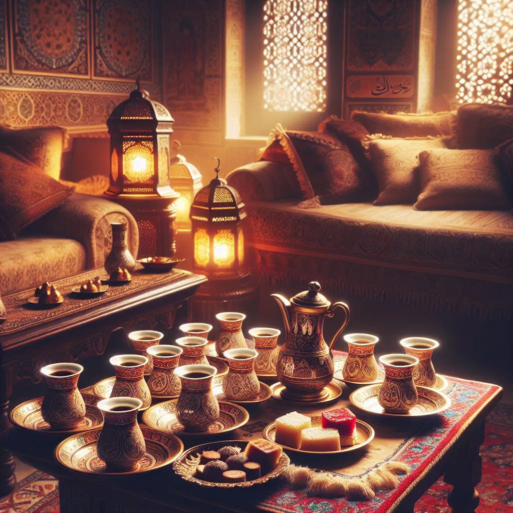 Cup of Arabic gahwa coffee served with dates
