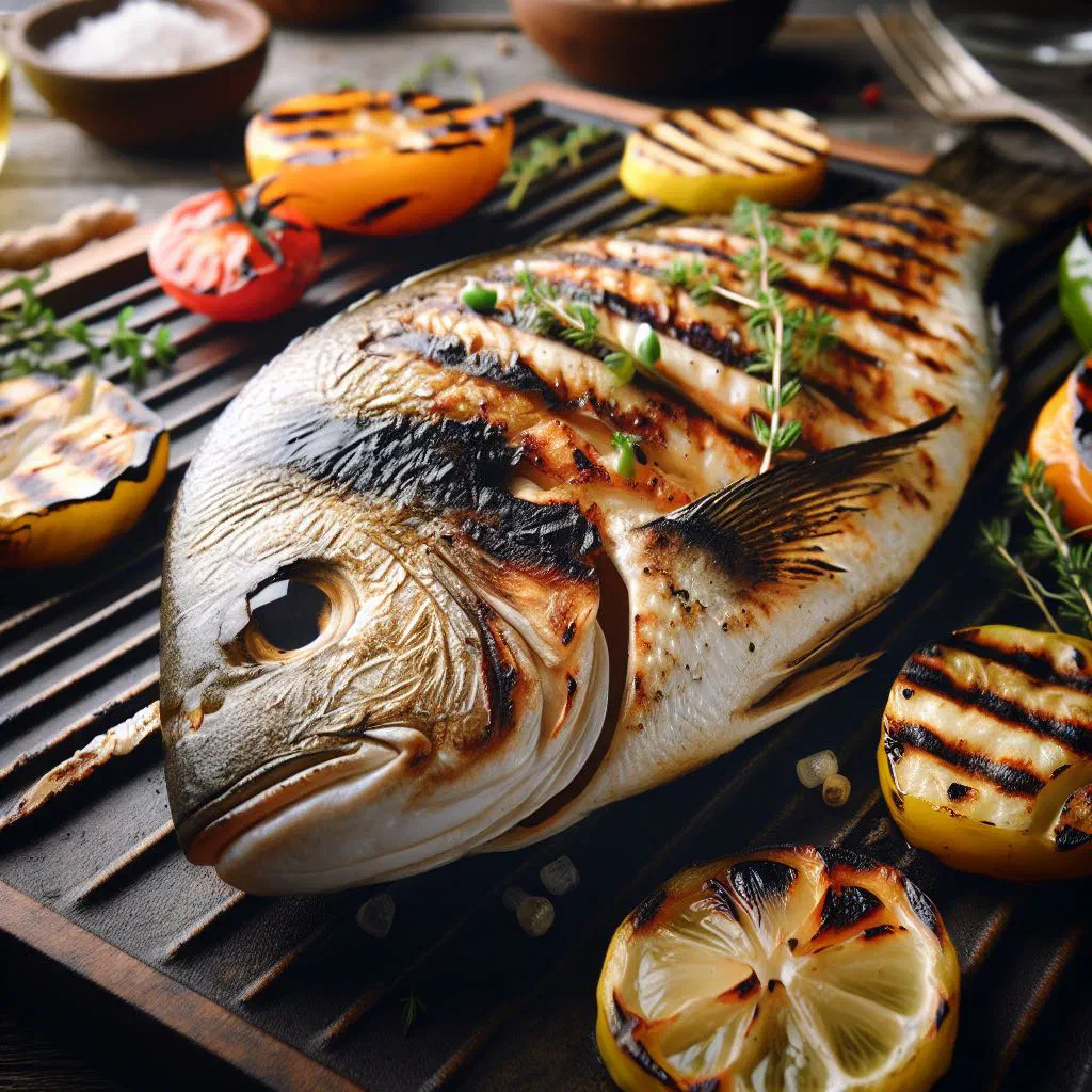 Grilled hammour fillet with charred vegetables and lemon