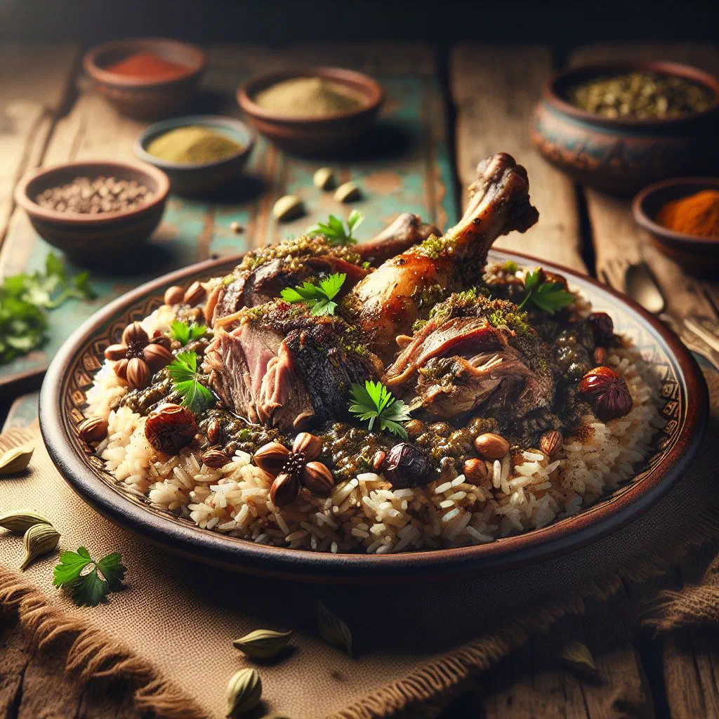 Slow-cooked Emirati haneeth lamb served on a platter with spices