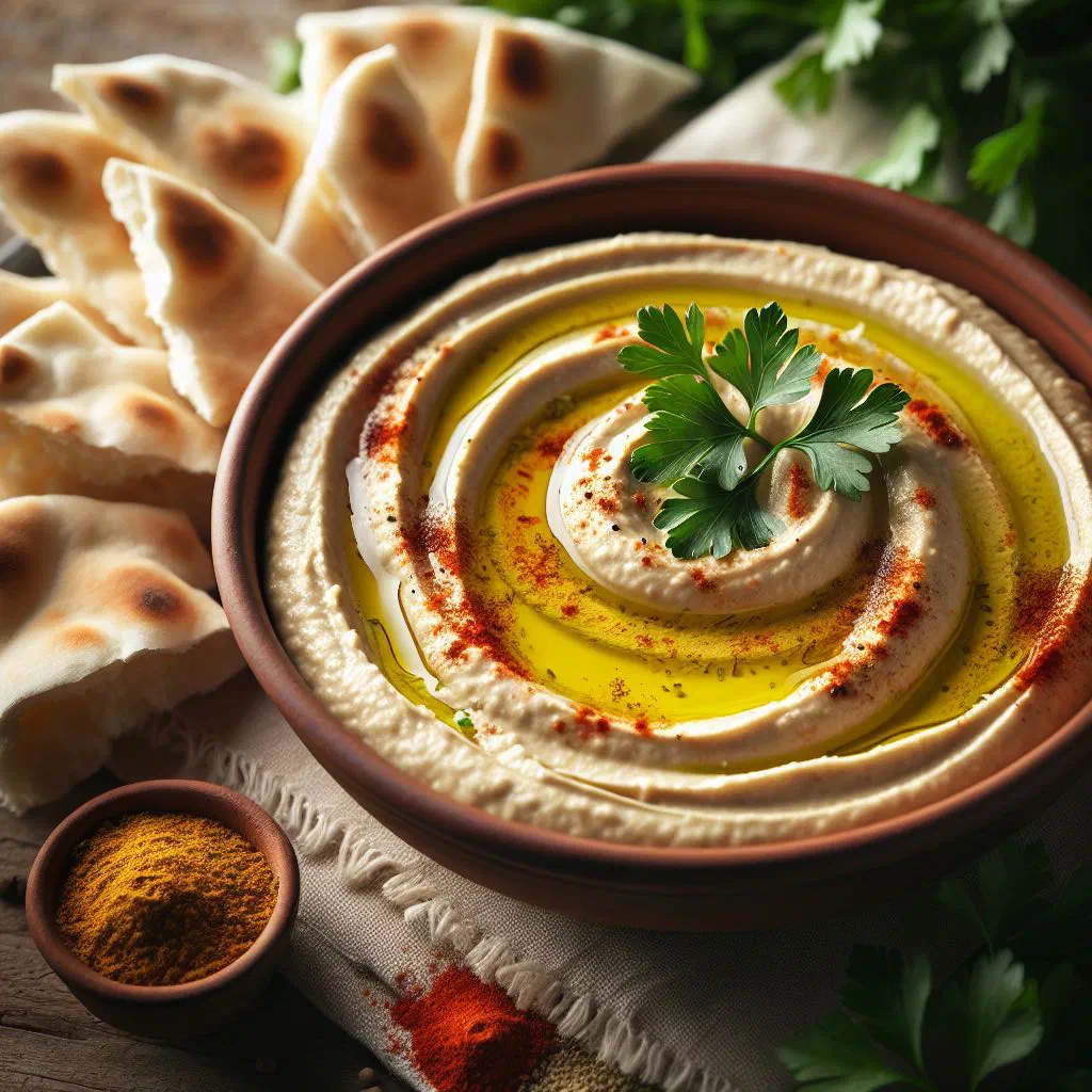 Bowl of creamy hummus drizzled with olive oil and sprinkled with spices