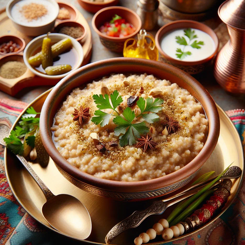 Bowl of creamy jareesh cracked wheat with tender meat and toasted almonds