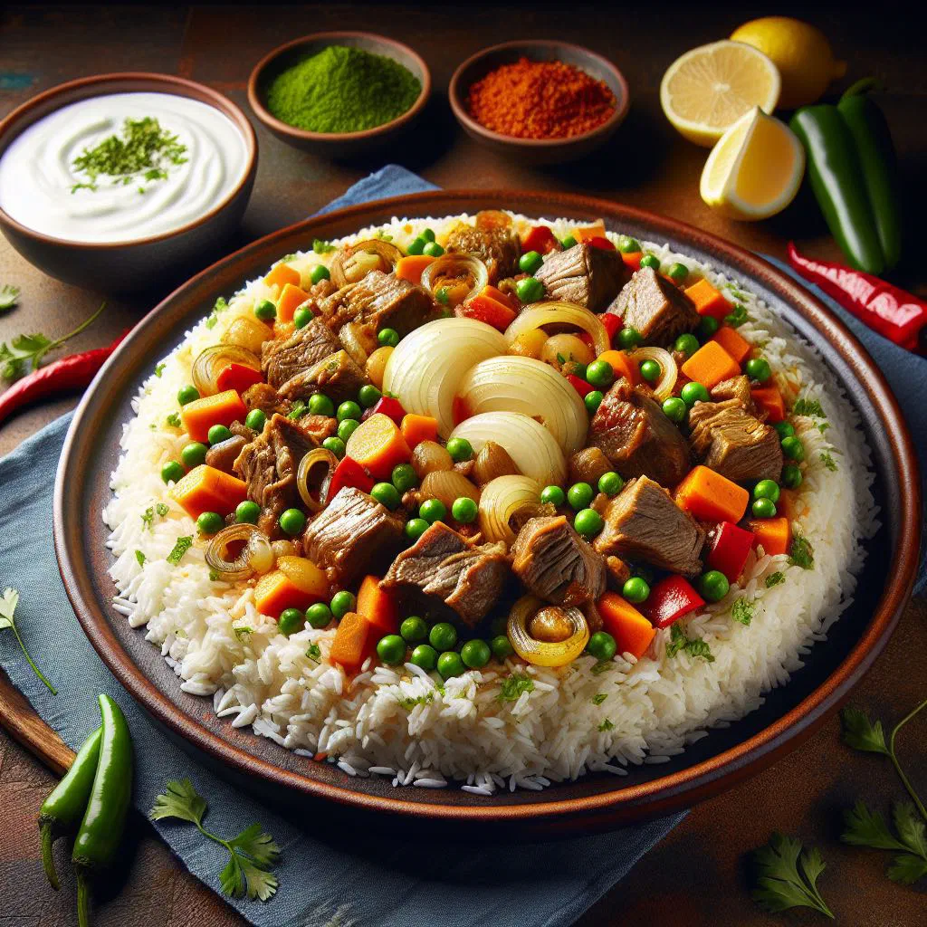Spiced lamb kabsa served over basmati rice with nuts and raisins