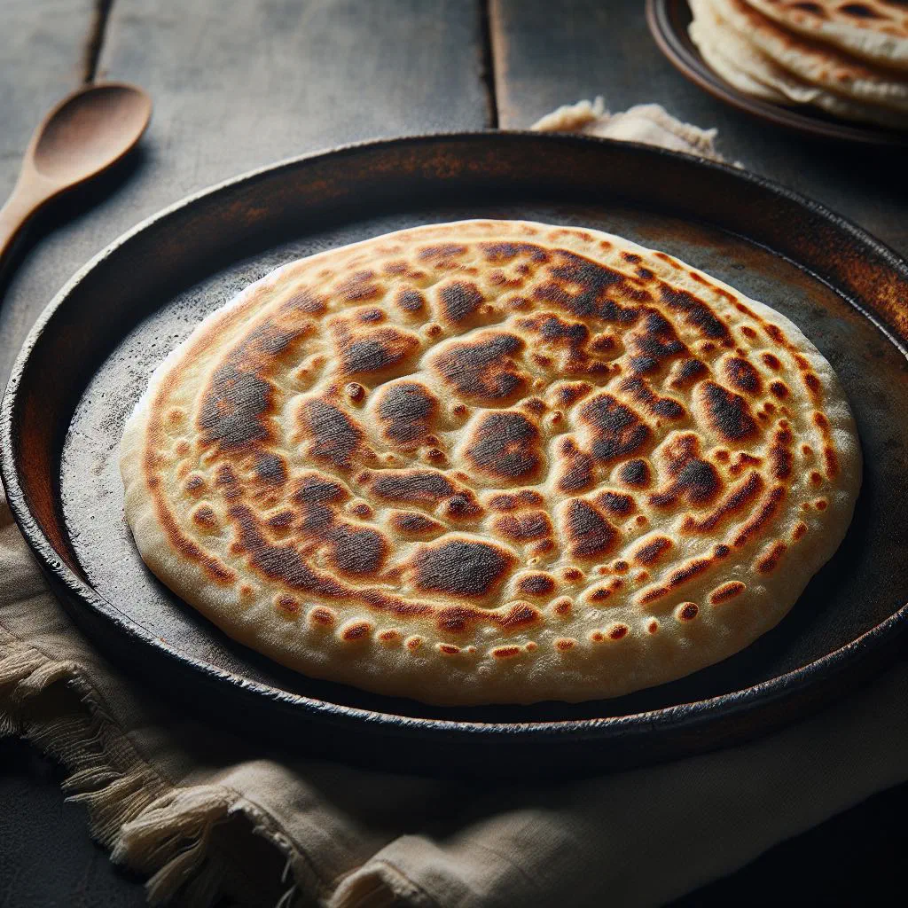 Thin, crisp Khubz Rigag flatbread served on a wooden board