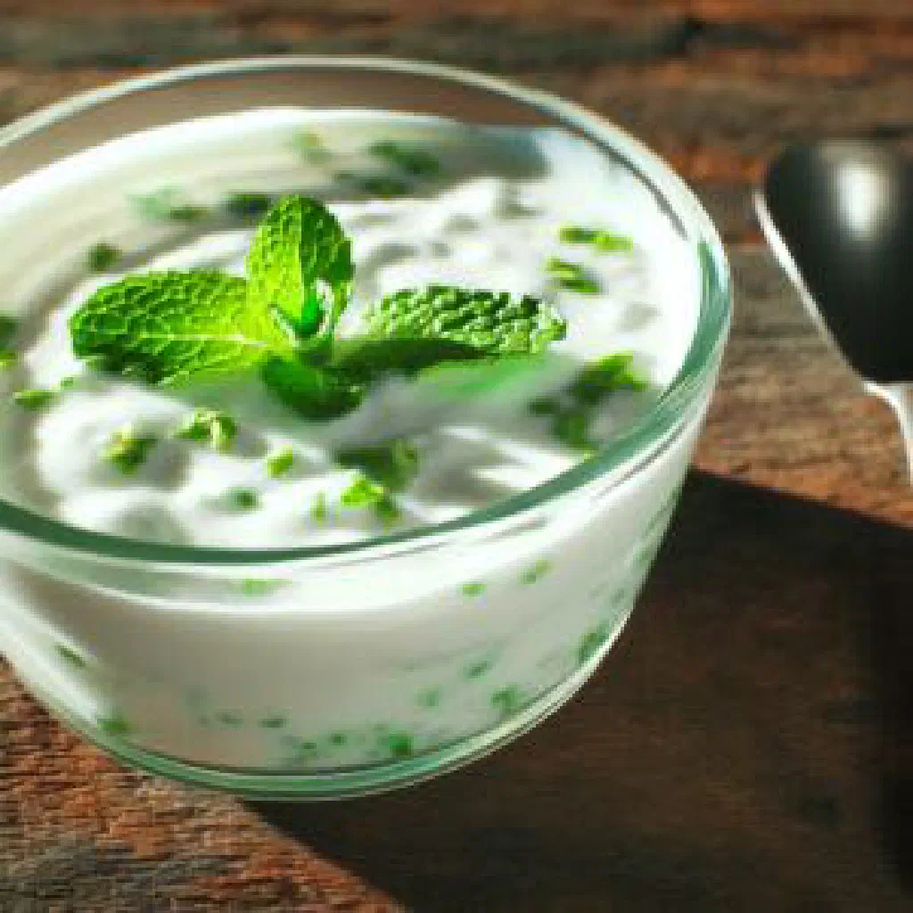 A bowl of laban immo garnished with fresh mint leaves