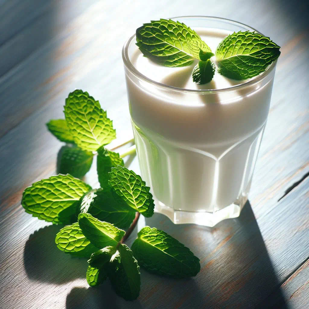 Glass of chilled laban yoghurt drink garnished with fresh mint