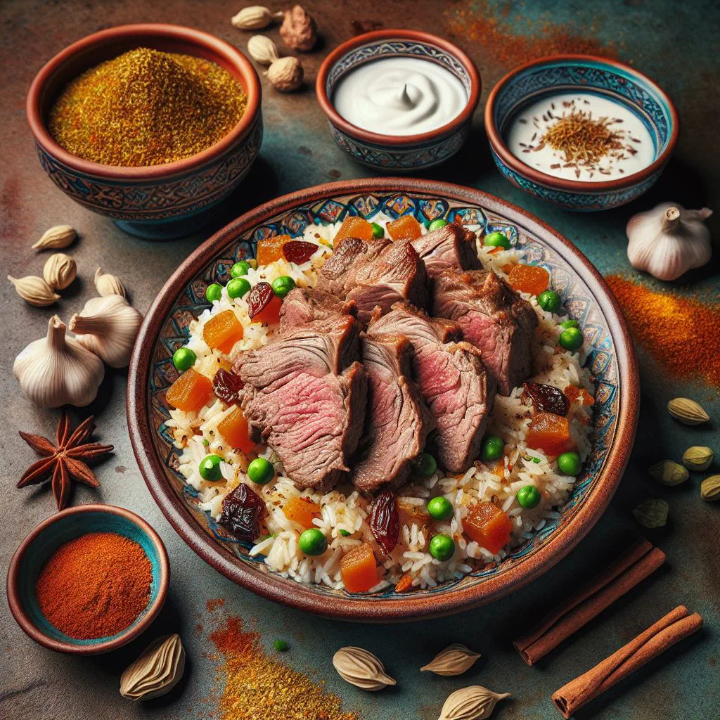 Tender lamb ouzi served over fragrant spiced rice with fresh herbs