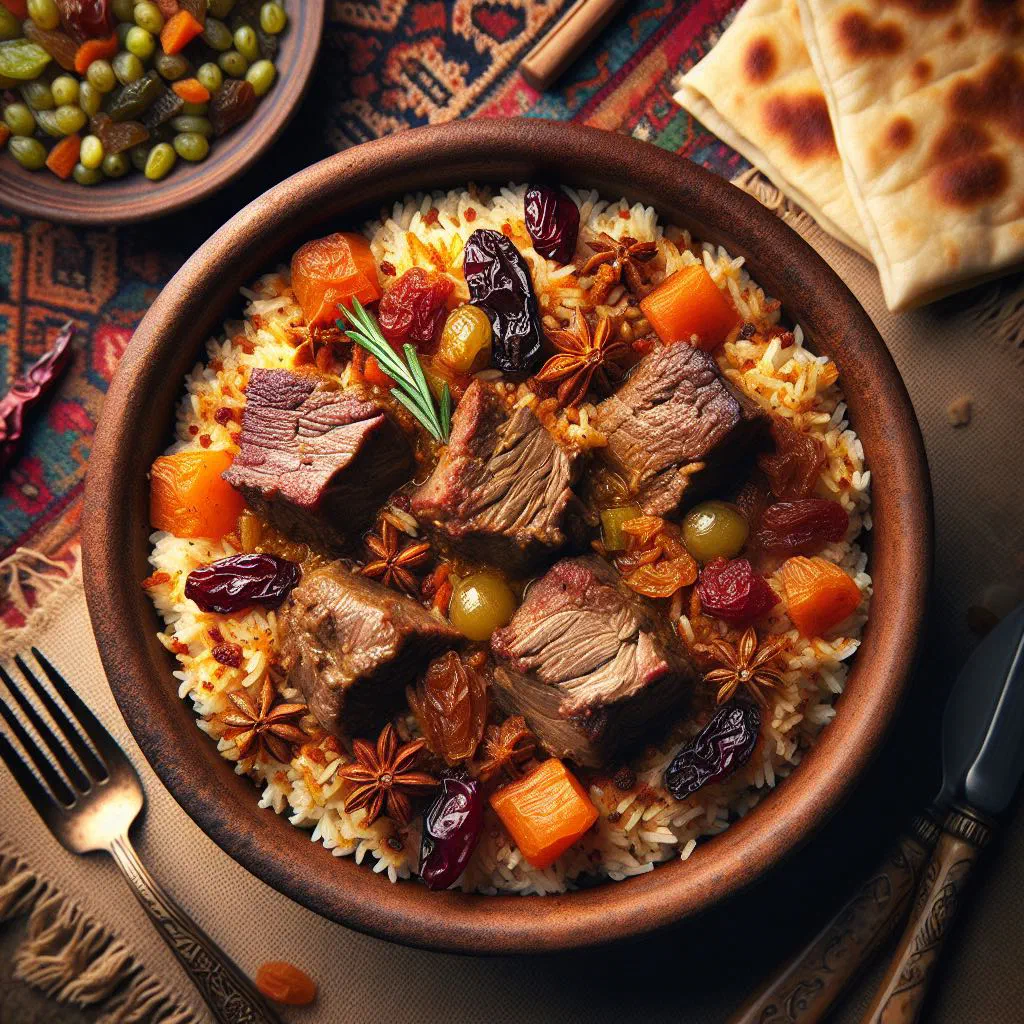 Spiced lamb and basmati rice madfoon garnished with fresh herbs