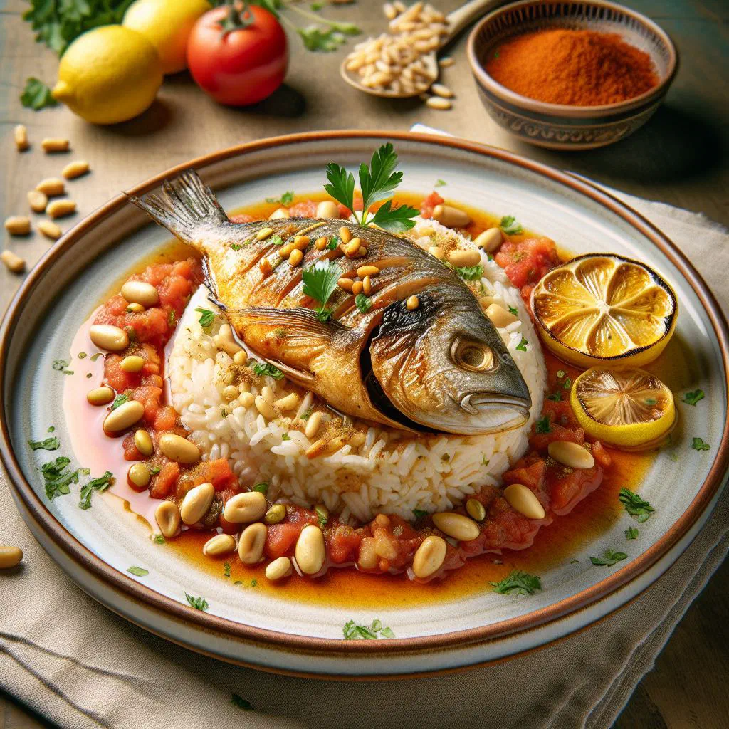 Spiced Emirati fish and rice topped with fried onions in a serving bowl