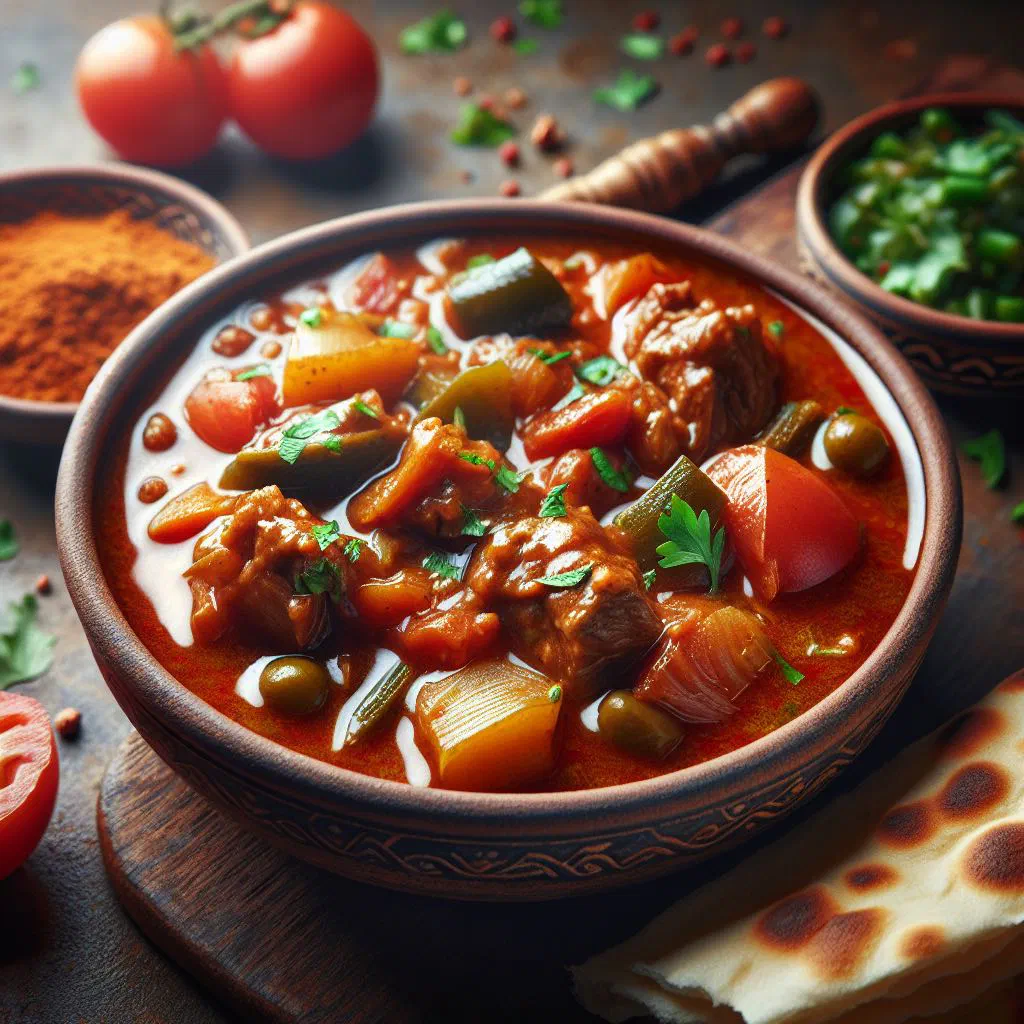 Emirati margoog stew with tender meat and vegetables served with thin flatbread