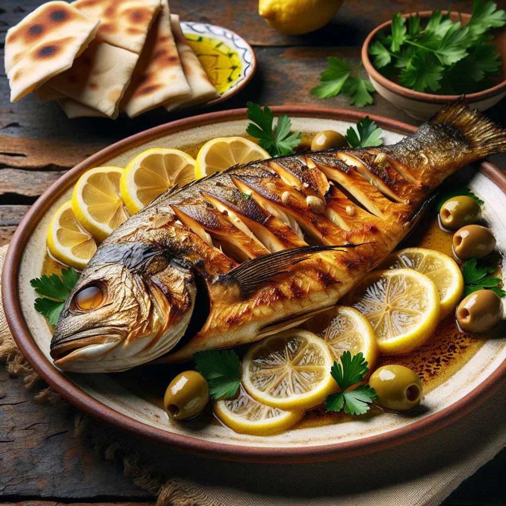 Grilled marinated fish fillets garnished with fresh herbs and lemon