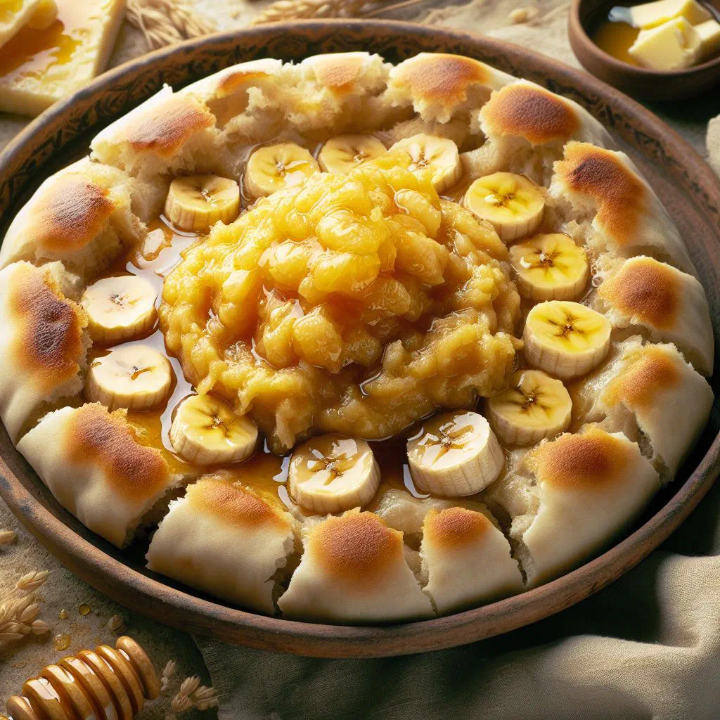 Bowl of masoub with mashed banana, yoghurt and chopped dates