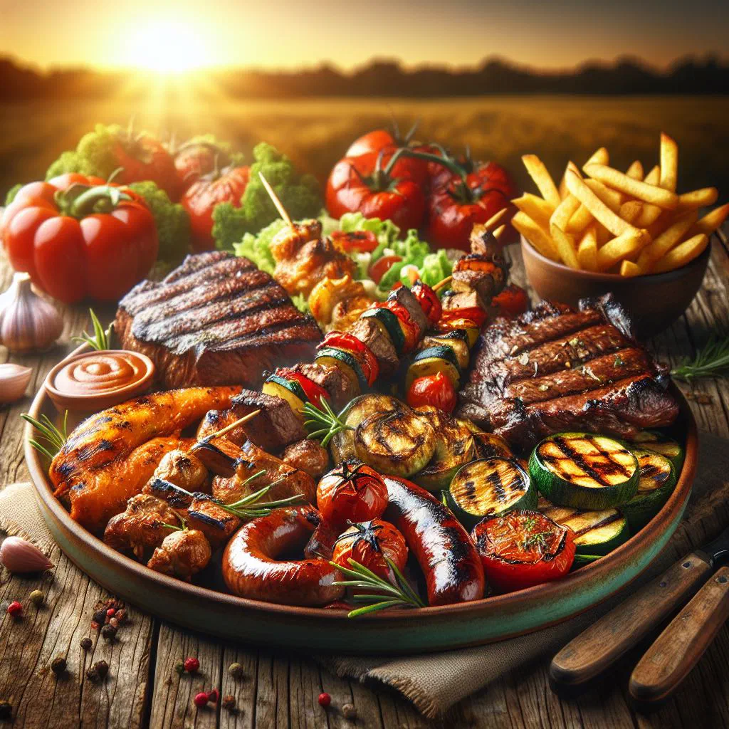Mixed grill platter with skewered lamb, chicken and kebabs, flatbread and dips