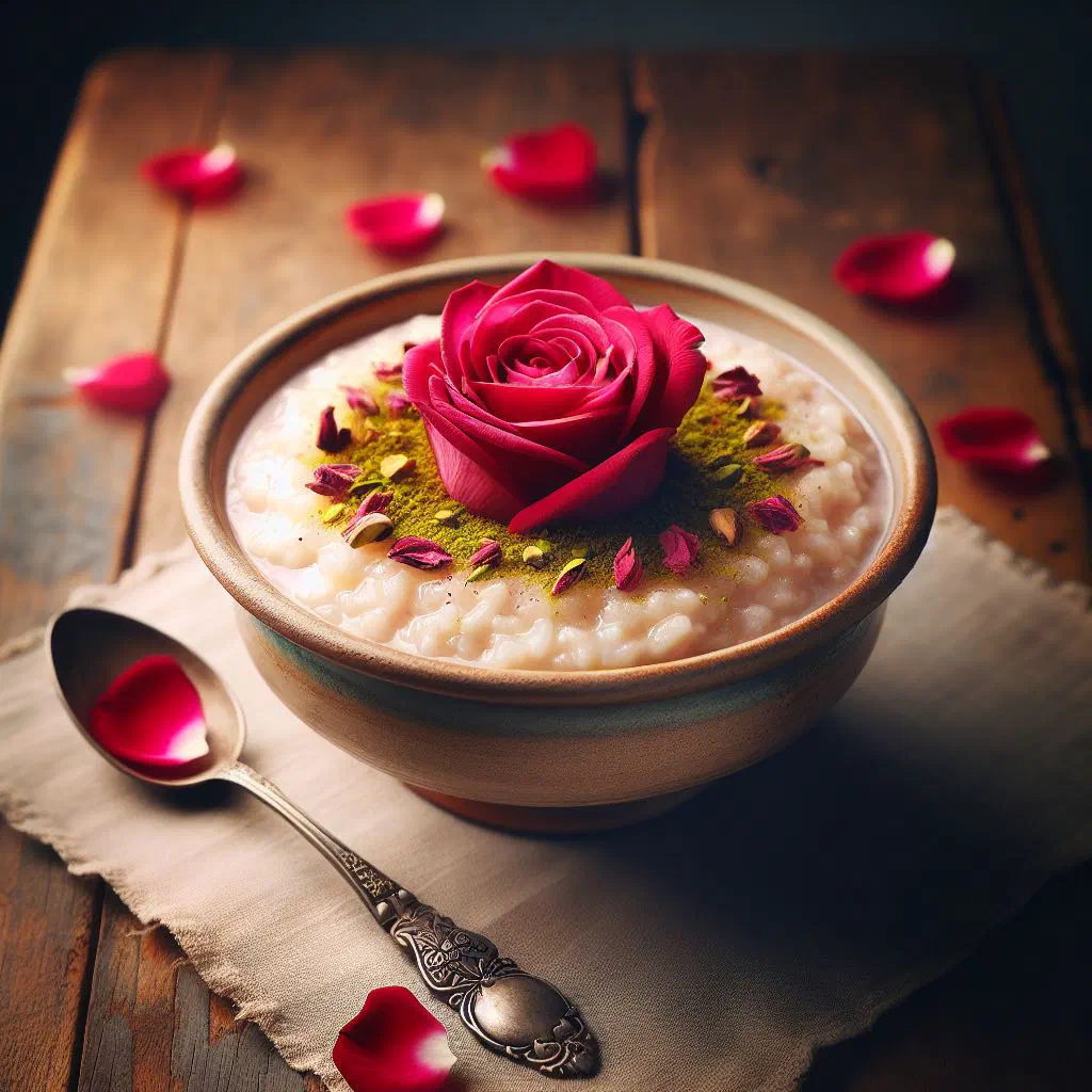 Creamy rose water rice pudding topped with chopped pistachios and rose petals